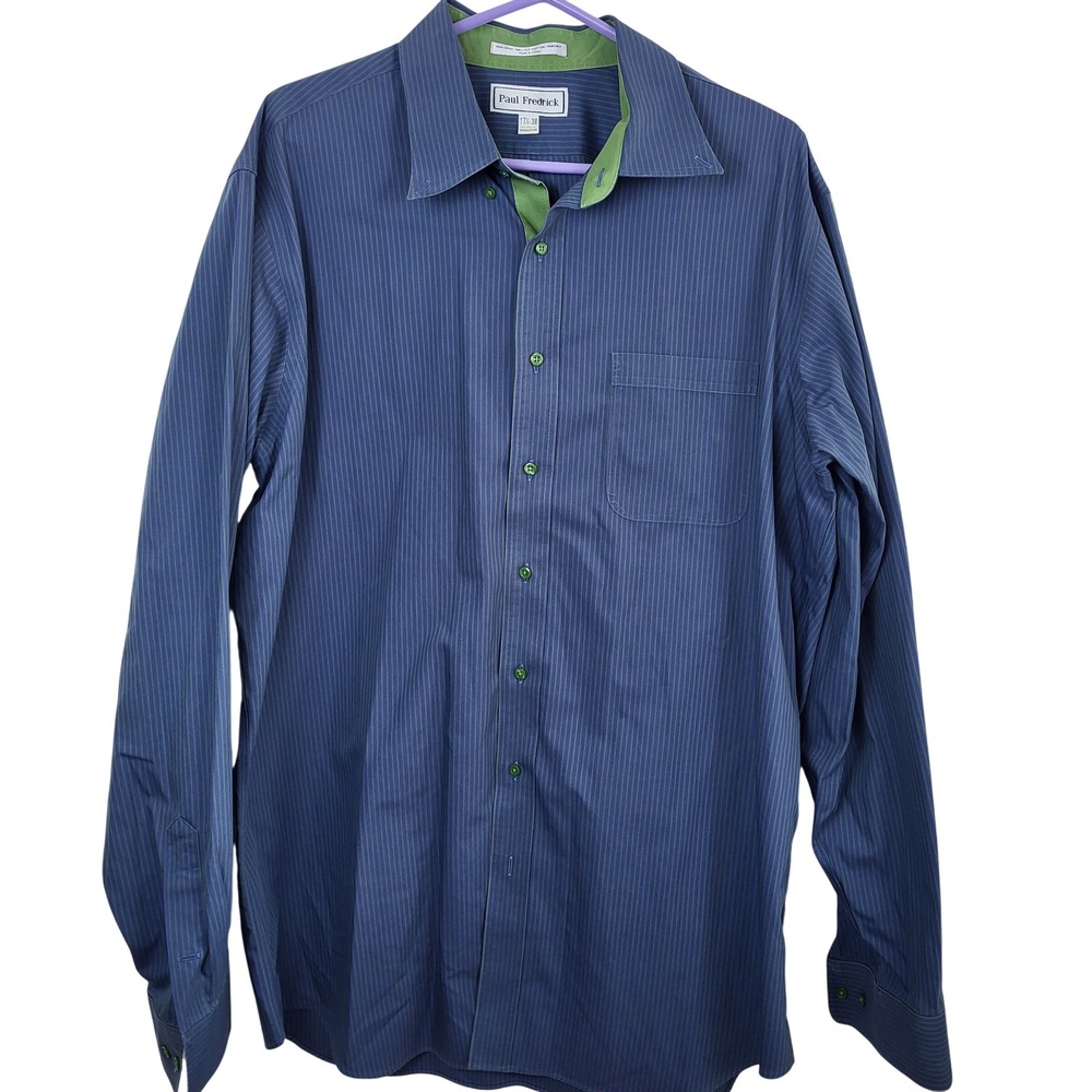 Paul Fredrick Dress Shirt 17.5 38 Blue Green Striped Non Iron Cotton Button Up